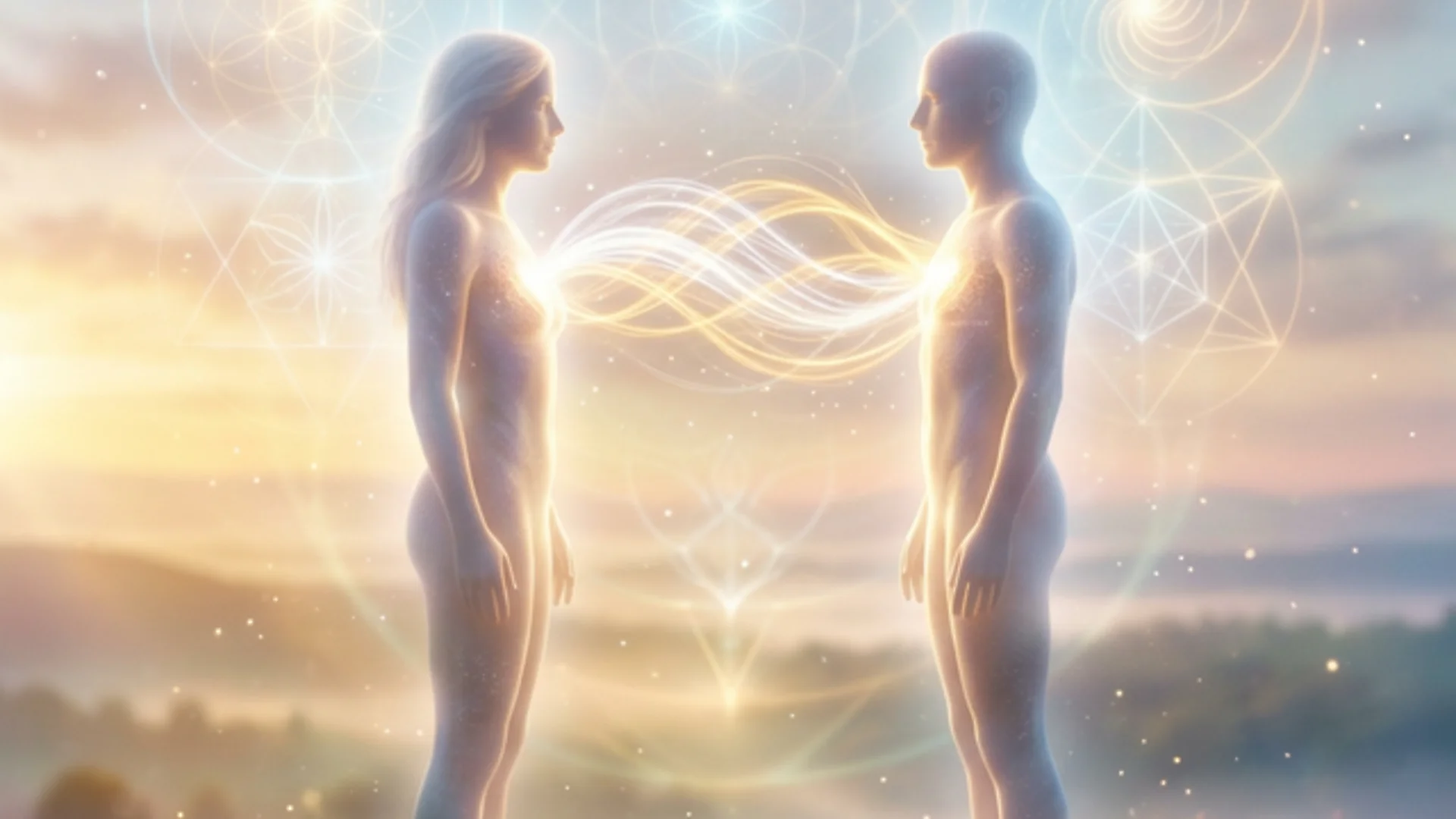 Two human figures facing each other with energy bridge connecting hearts