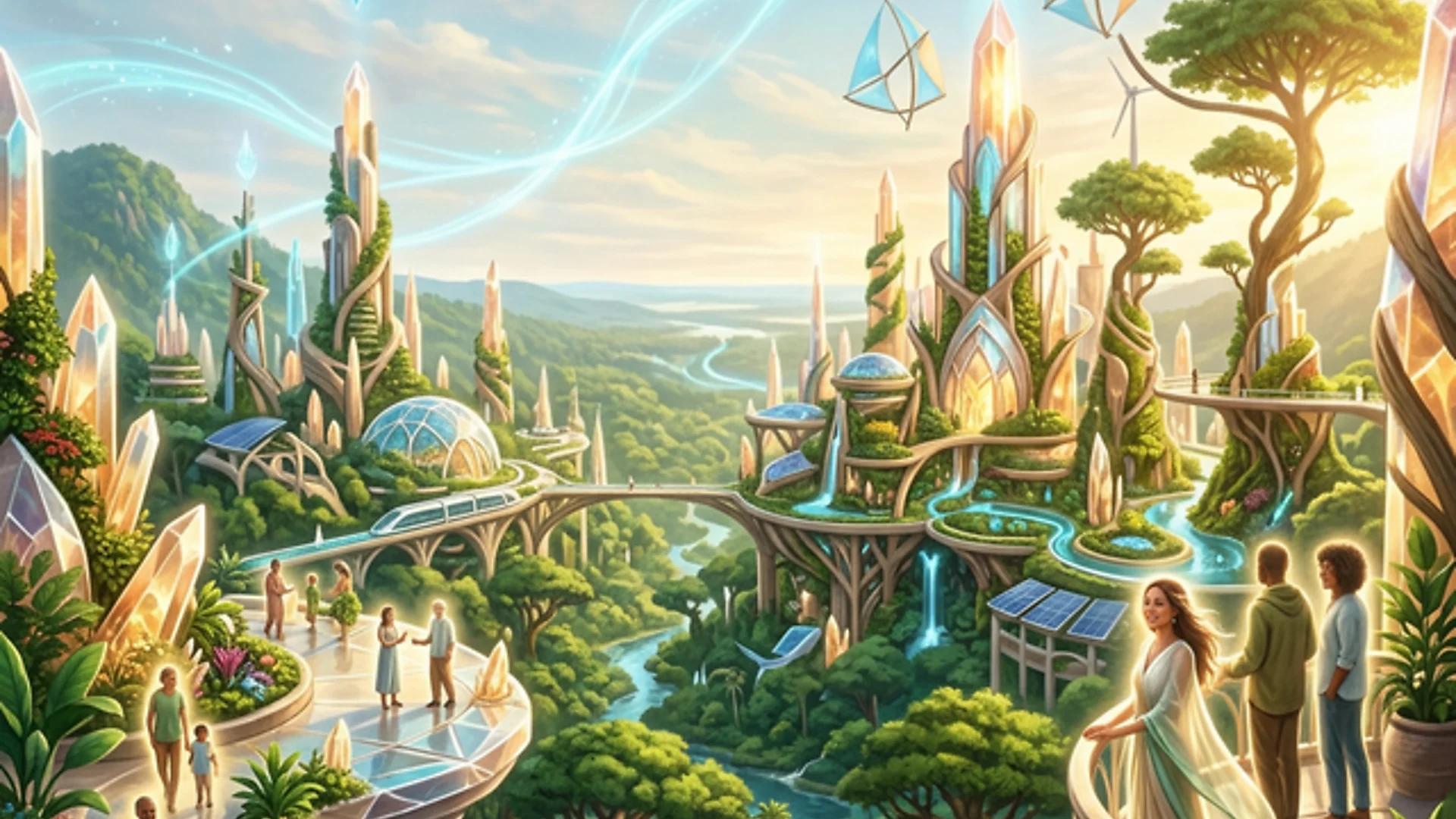 Solarpunk future civilization integrated with nature