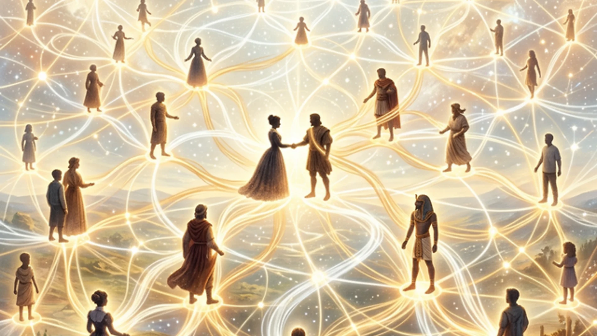 Interconnected lives as glowing nodes in network