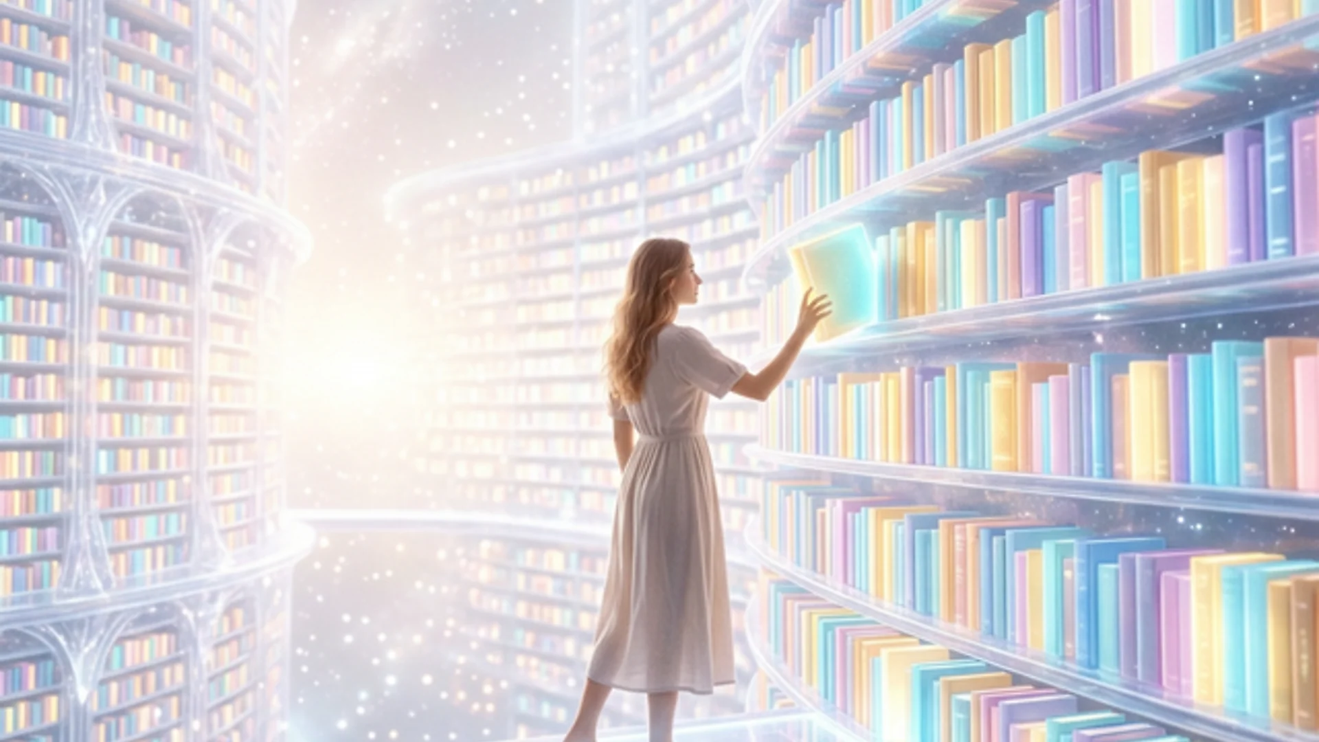 Infinite cosmic library with glowing books representing lives