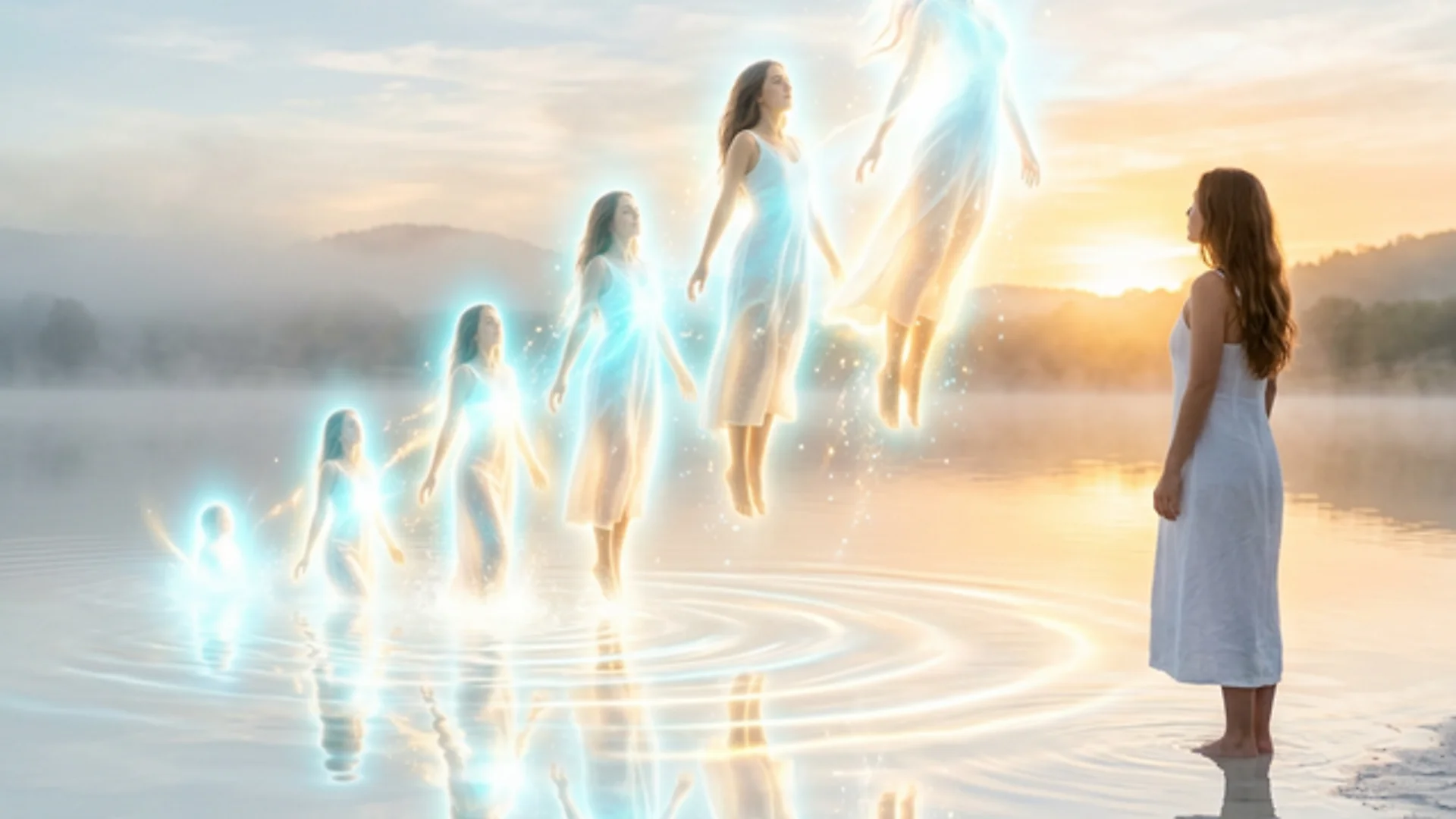 Human observing glowing reflection beings